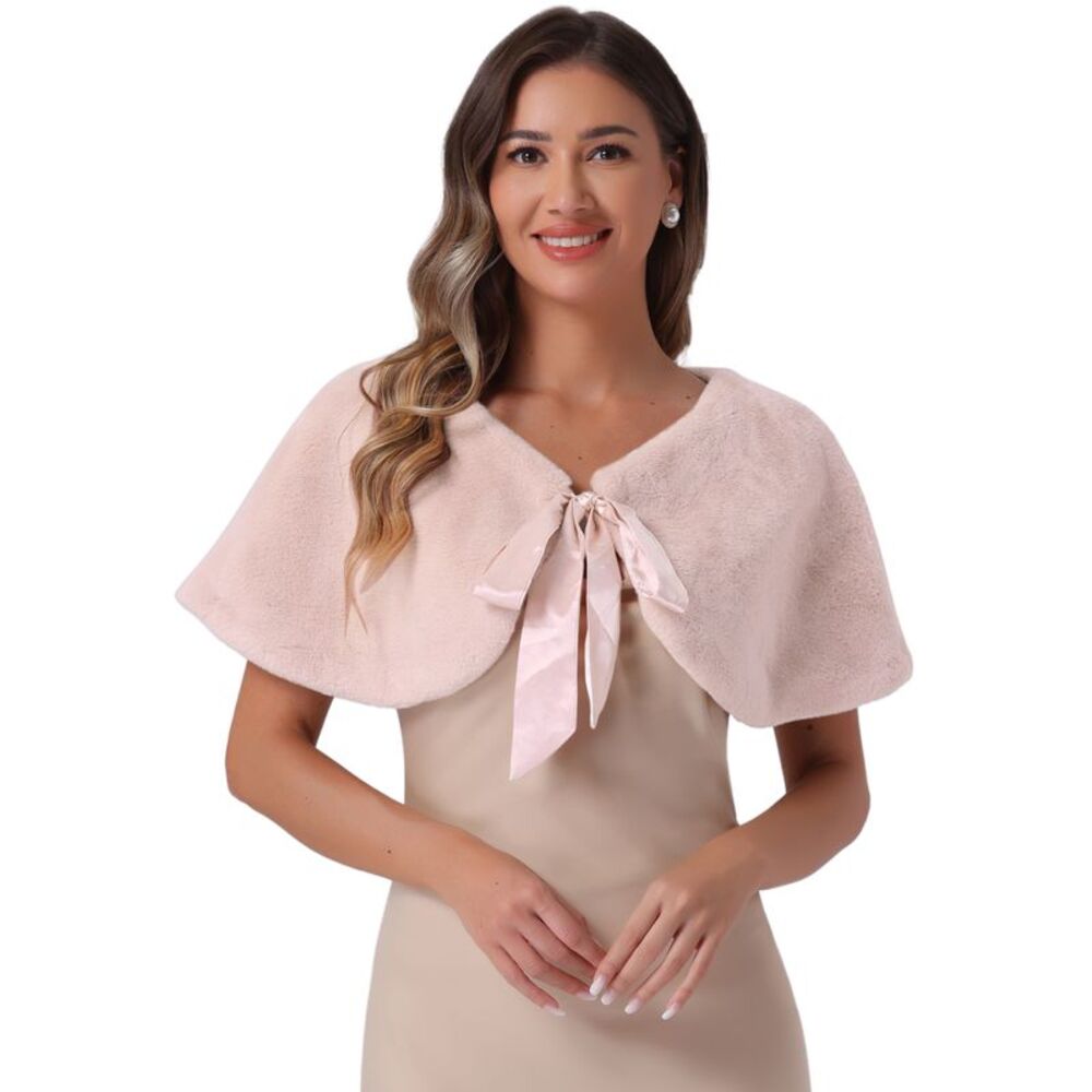 Faux Fur Shawl Wrap Stole Shrug Bow Tie Bridal Wedding Cover Up Pink